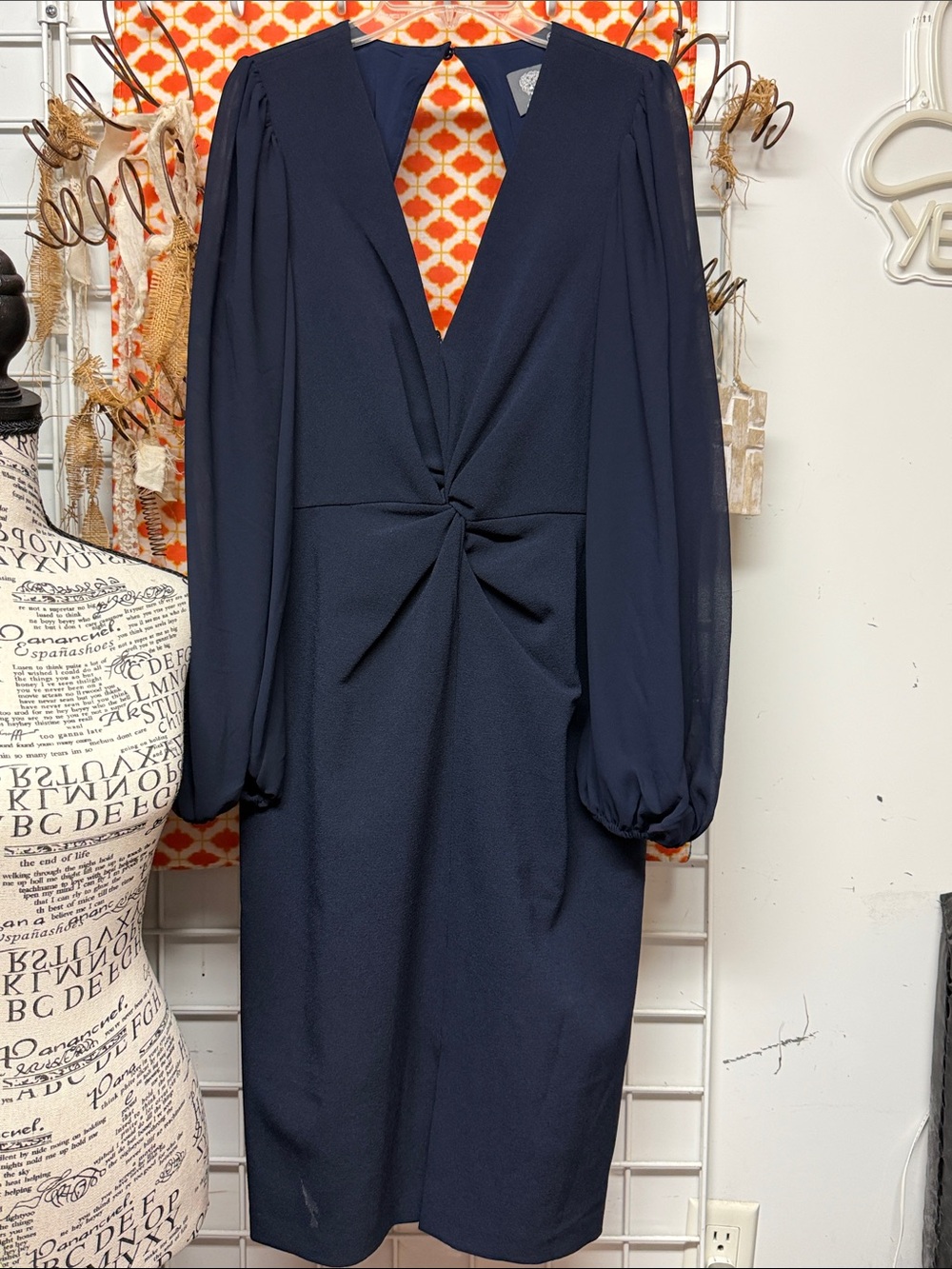 Vince Camuto Navy Twist-Front Long-Sleeve Midi Dress